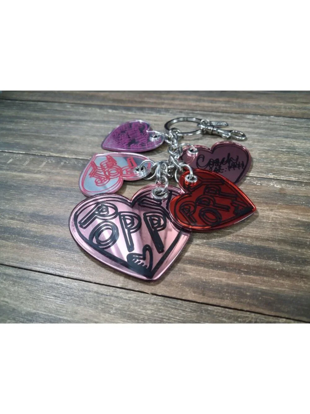 Coach Poppy Keychain Bag Tag Charm Heart Pink Red Outline Logo Mirrored - Picture 2 of 13